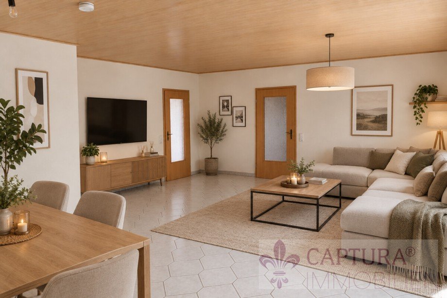 Wohnzimmer - virtuell m�bliert Einfamilienhaus Ravenstein / Merchingen